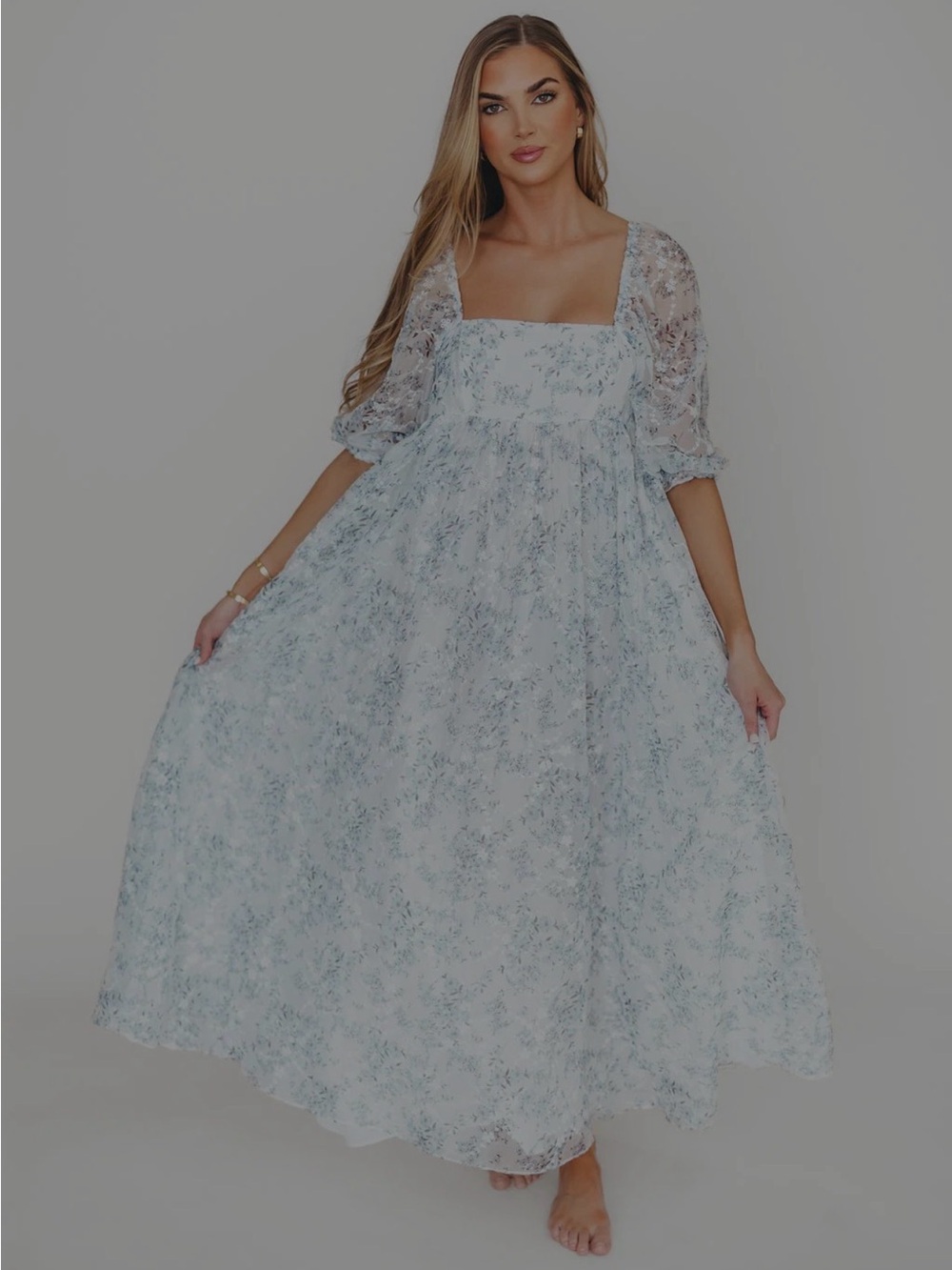 Blue Floral Square-Neck Maxi Dress with Puff Sleeves